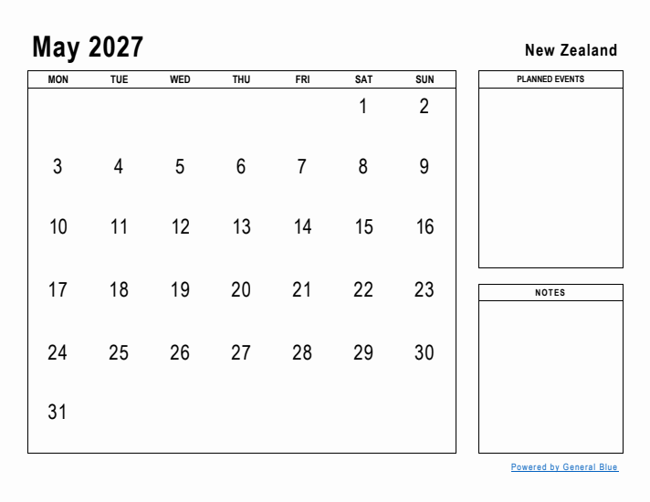 May 2027 Printable Monthly Calendar with New Zealand Holidays