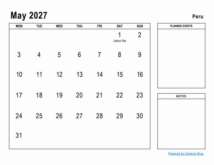 May 2027 Printable Monthly Calendar with Peru Holidays