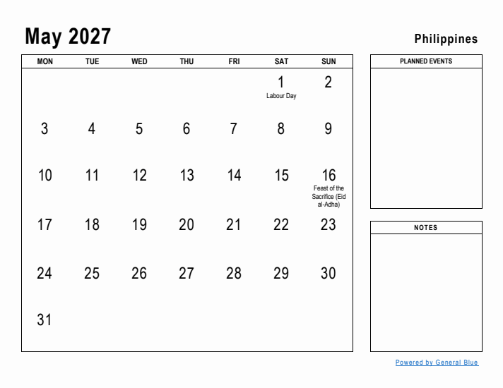 May 2027 Printable Monthly Calendar with Philippines Holidays