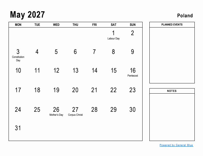 May 2027 Printable Monthly Calendar with Poland Holidays