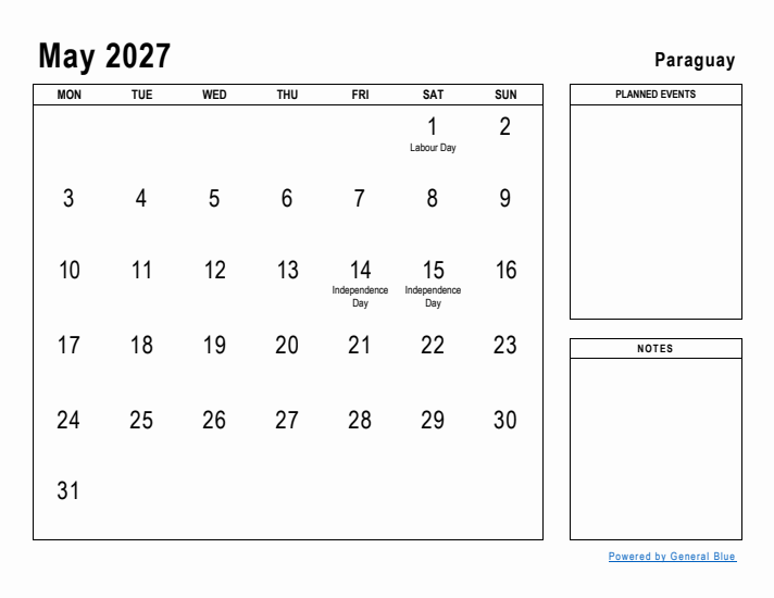 May 2027 Printable Monthly Calendar with Paraguay Holidays