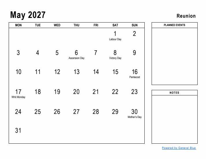 May 2027 Printable Monthly Calendar with Reunion Holidays