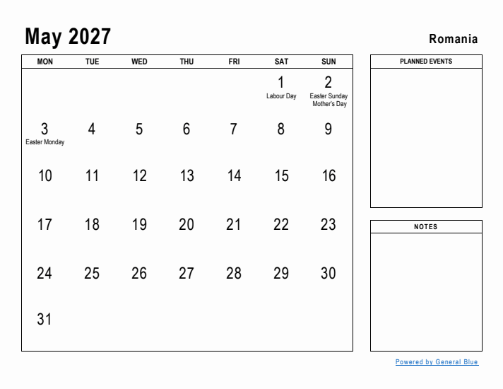 May 2027 Printable Monthly Calendar with Romania Holidays