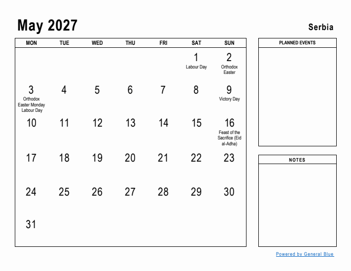 May 2027 Printable Monthly Calendar with Serbia Holidays