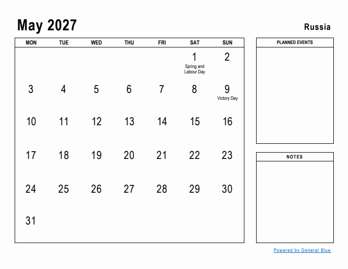 May 2027 Printable Monthly Calendar with Russia Holidays