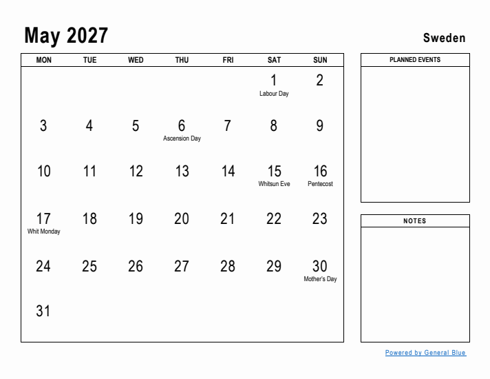 May 2027 Printable Monthly Calendar with Sweden Holidays