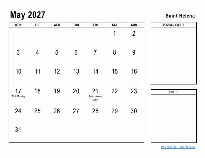 May 2027 Printable Monthly Calendar with Saint Helena Holidays