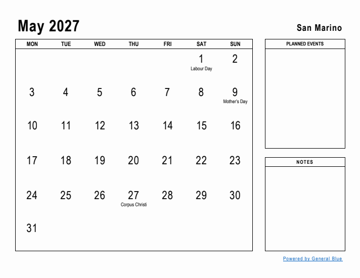 May 2027 Printable Monthly Calendar with San Marino Holidays