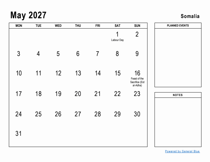 May 2027 Printable Monthly Calendar with Somalia Holidays