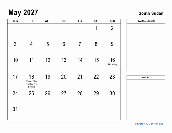 May 2027 Printable Monthly Calendar with South Sudan Holidays