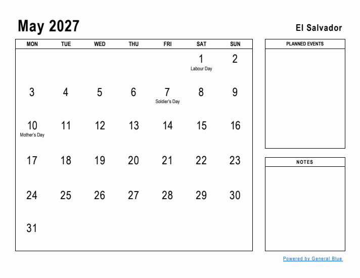 May 2027 Printable Monthly Calendar with El Salvador Holidays