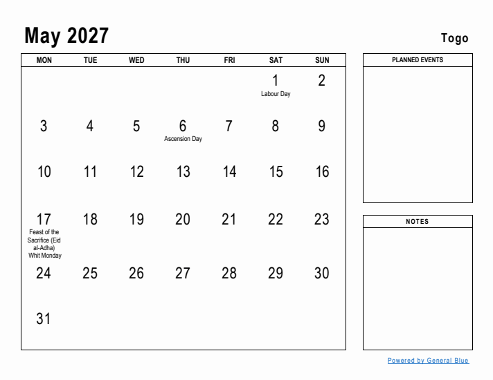 May 2027 Printable Monthly Calendar with Togo Holidays