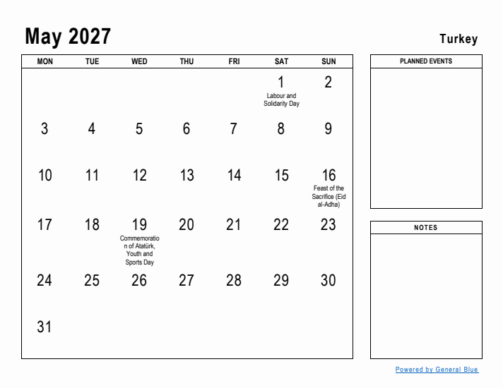 May 2027 Printable Monthly Calendar with Turkey Holidays