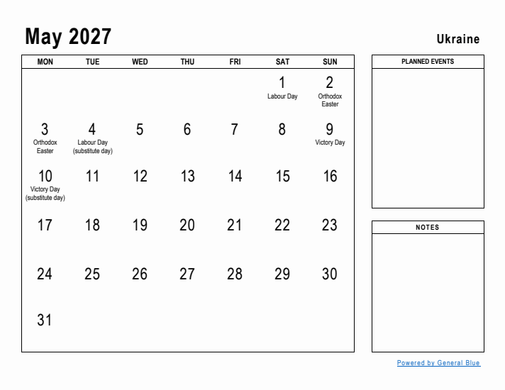 May 2027 Printable Monthly Calendar with Ukraine Holidays