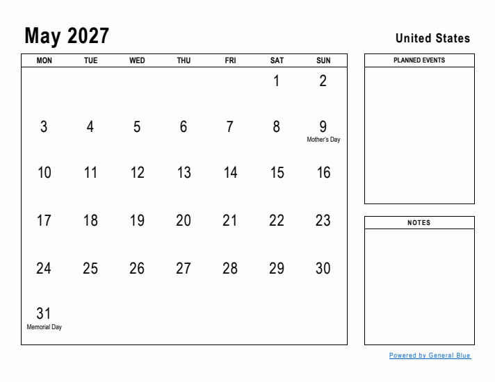 May 2027 Printable Monthly Calendar with United States Holidays