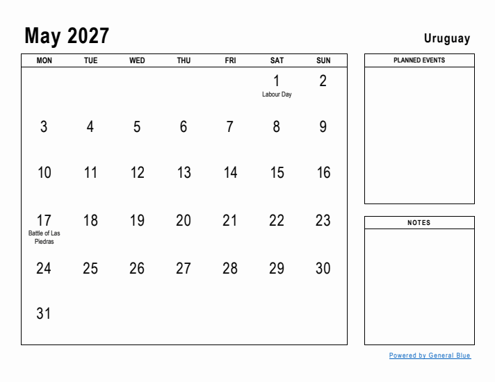 May 2027 Printable Monthly Calendar with Uruguay Holidays