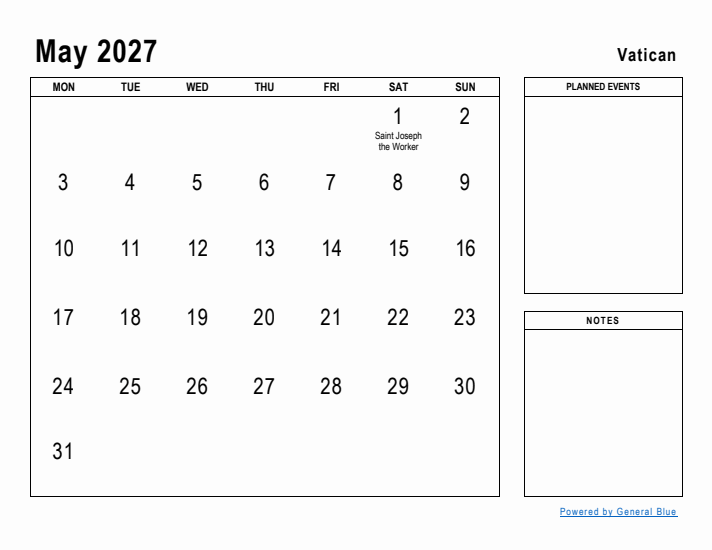 May 2027 Printable Monthly Calendar with Vatican Holidays