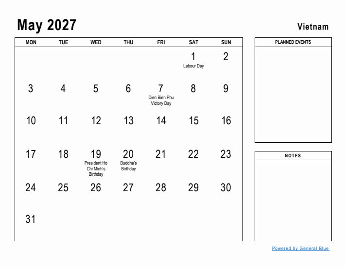 May 2027 Printable Monthly Calendar with Vietnam Holidays