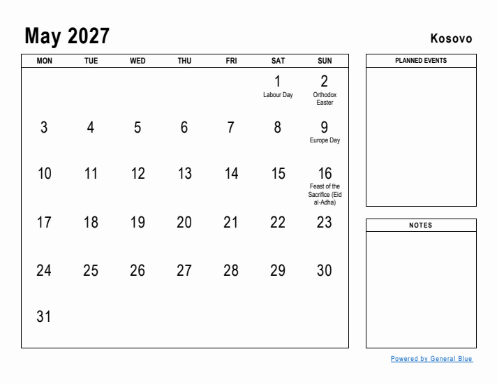 May 2027 Printable Monthly Calendar with Kosovo Holidays