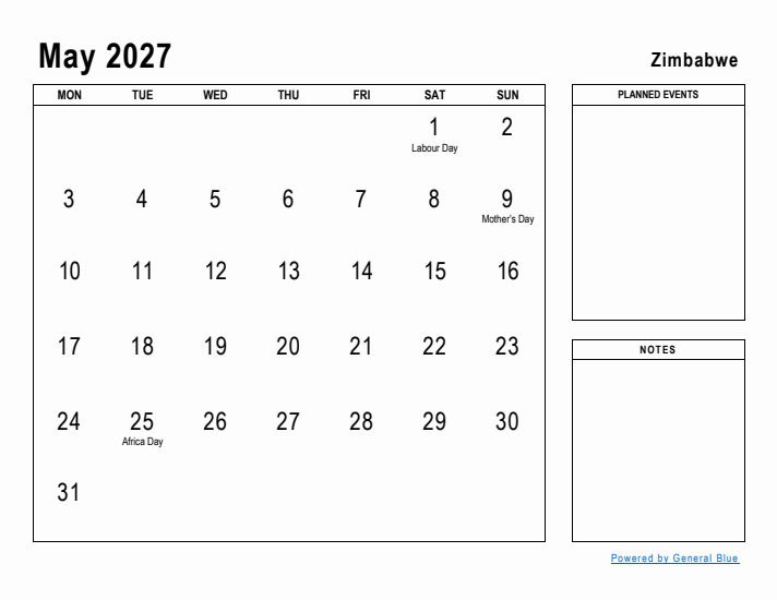 May 2027 Printable Monthly Calendar with Zimbabwe Holidays