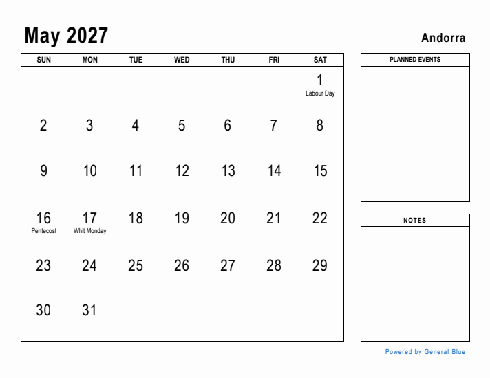 May 2027 Printable Monthly Calendar with Andorra Holidays