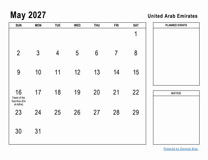 May 2027 Printable Monthly Calendar with United Arab Emirates Holidays