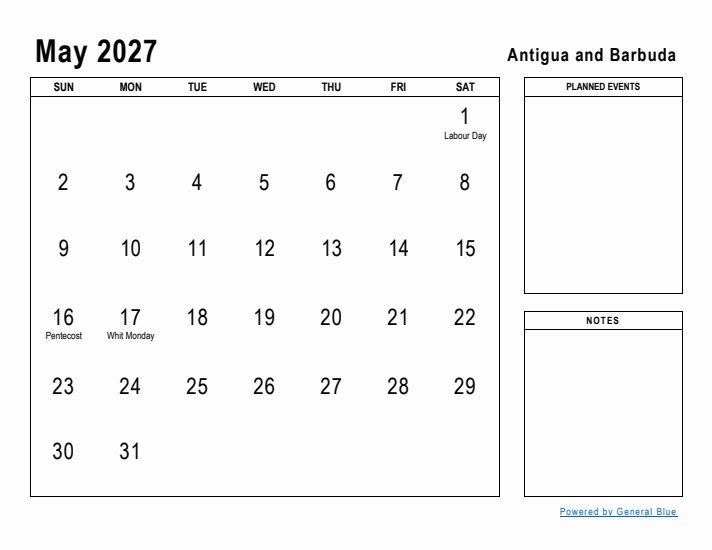 May 2027 Printable Monthly Calendar with Antigua and Barbuda Holidays