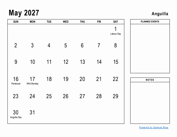 May 2027 Printable Monthly Calendar with Anguilla Holidays