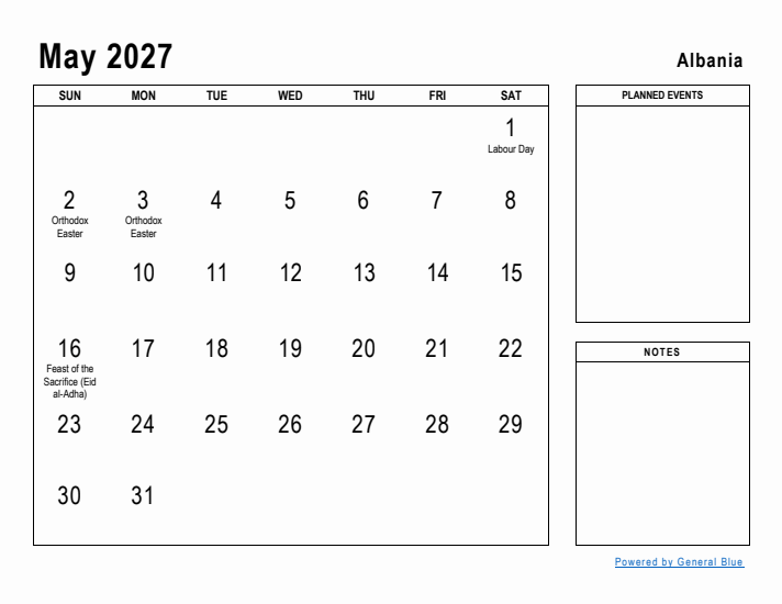 May 2027 Printable Monthly Calendar with Albania Holidays