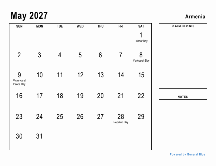 May 2027 Printable Monthly Calendar with Armenia Holidays