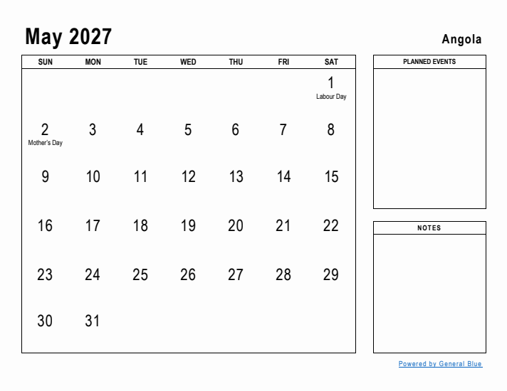 May 2027 Printable Monthly Calendar with Angola Holidays