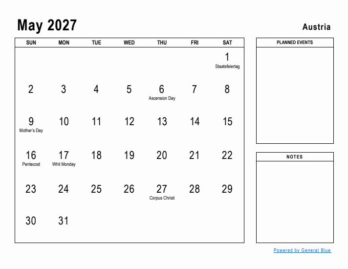 May 2027 Printable Monthly Calendar with Austria Holidays