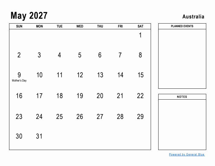 May 2027 Printable Monthly Calendar with Australia Holidays