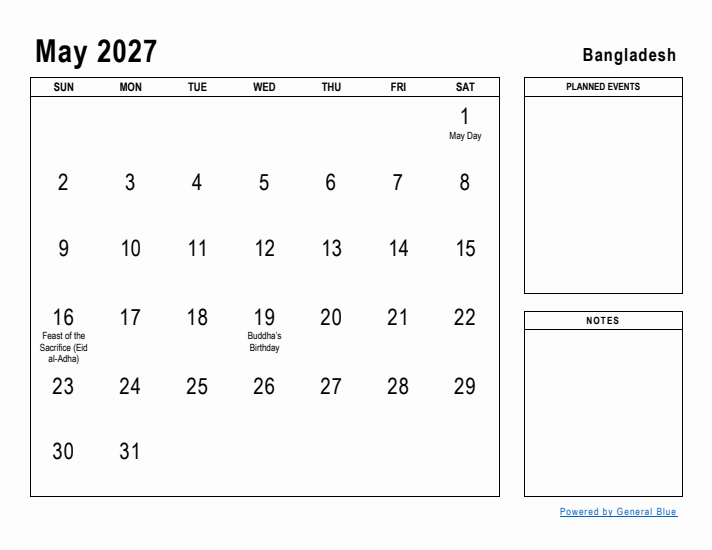 May 2027 Printable Monthly Calendar with Bangladesh Holidays