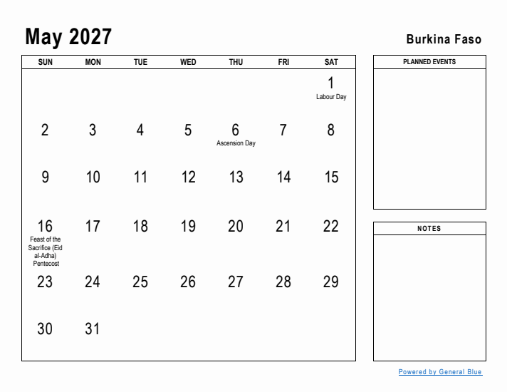 May 2027 Printable Monthly Calendar with Burkina Faso Holidays