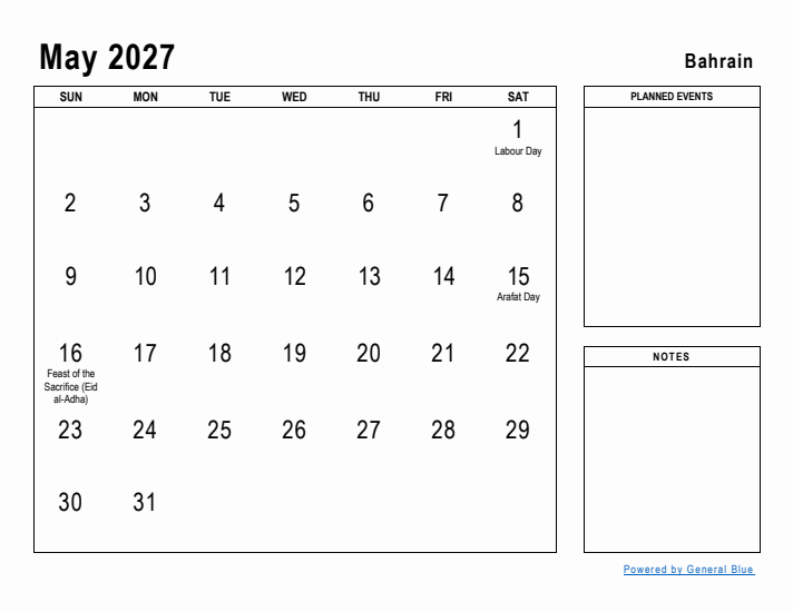 May 2027 Printable Monthly Calendar with Bahrain Holidays