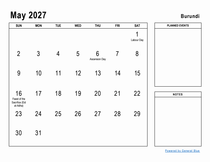 May 2027 Printable Monthly Calendar with Burundi Holidays