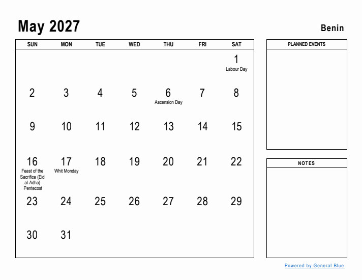 May 2027 Printable Monthly Calendar with Benin Holidays