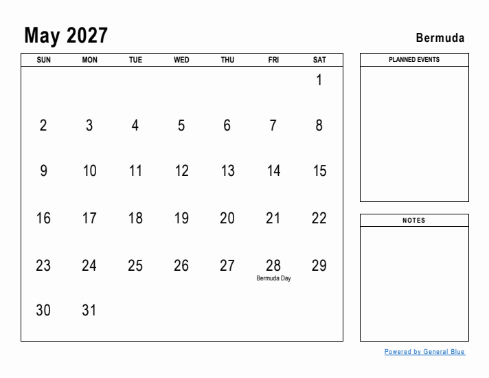 May 2027 Printable Monthly Calendar with Bermuda Holidays