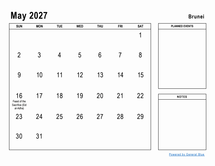 May 2027 Printable Monthly Calendar with Brunei Holidays