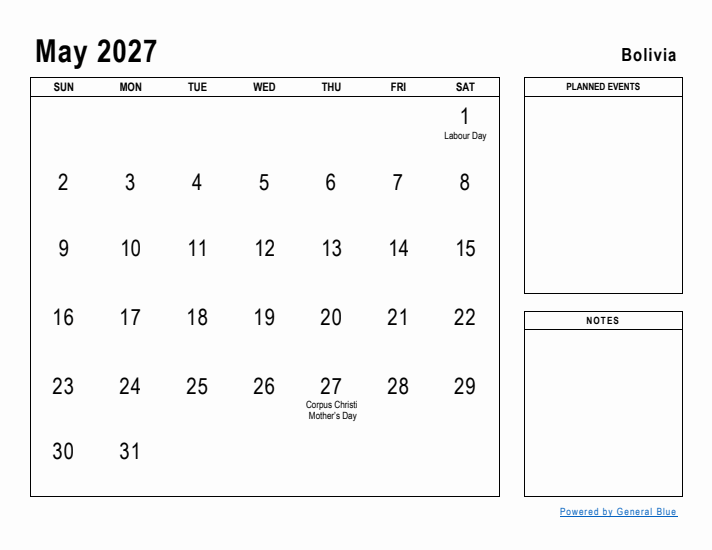 May 2027 Printable Monthly Calendar with Bolivia Holidays