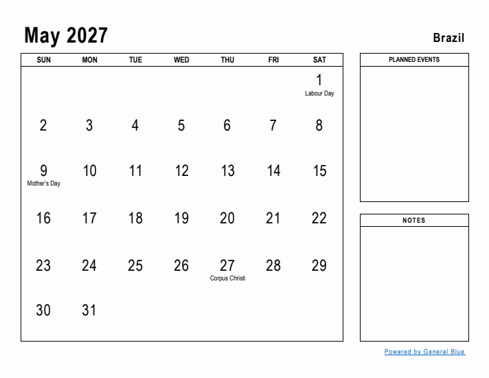 May 2027 Printable Monthly Calendar with Brazil Holidays