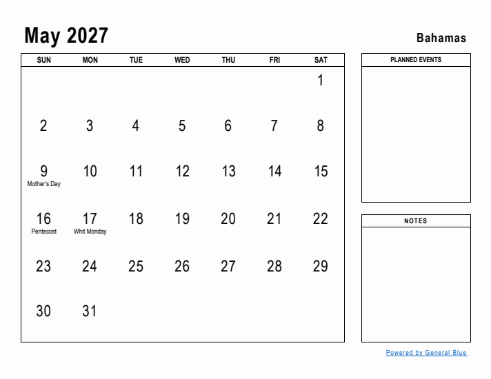 May 2027 Printable Monthly Calendar with Bahamas Holidays