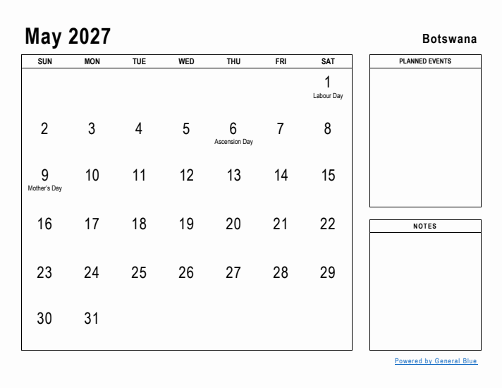 May 2027 Printable Monthly Calendar with Botswana Holidays