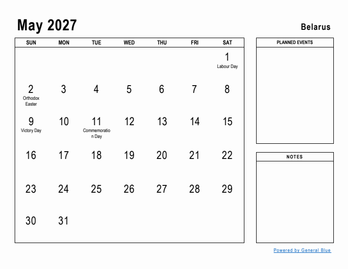 May 2027 Printable Monthly Calendar with Belarus Holidays