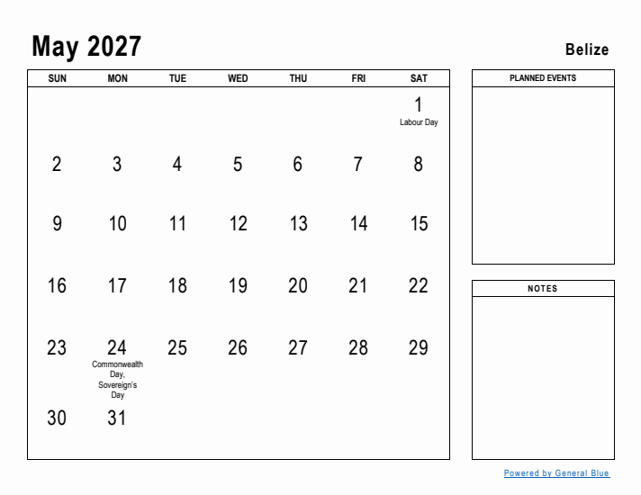 May 2027 Printable Monthly Calendar with Belize Holidays