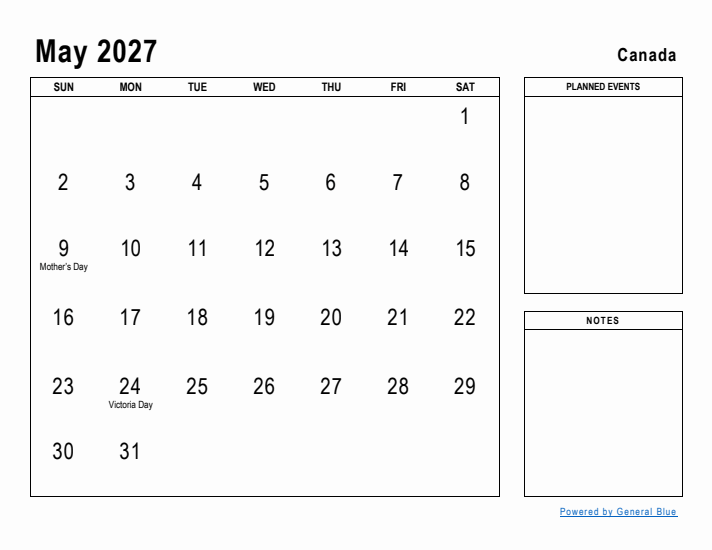 May 2027 Printable Monthly Calendar with Canada Holidays