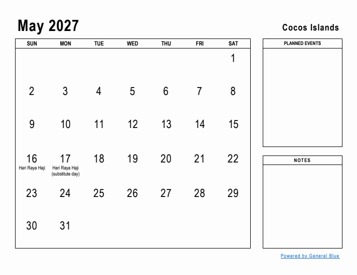 May 2027 Printable Monthly Calendar with Cocos Islands Holidays