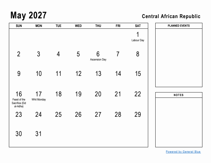 May 2027 Printable Monthly Calendar with Central African Republic Holidays