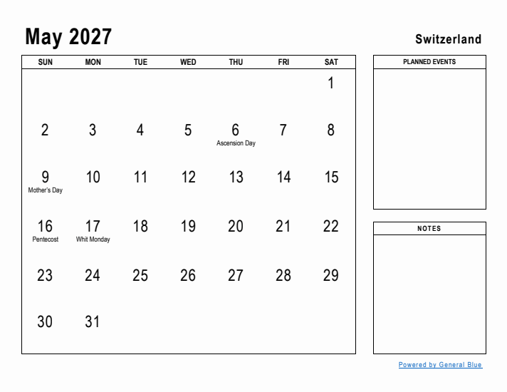 May 2027 Printable Monthly Calendar with Switzerland Holidays